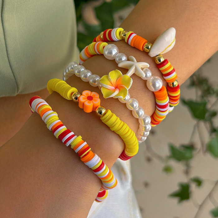 Boho Polymer Clay Chain Stackable Bracelets Set for Women Starfish Conch Flowers Turtle Pearls Elastic Bangles Aesthetic Jewery