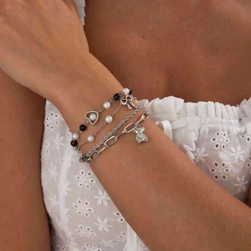 Salircon 4 Styles Imitation Pearl Bear Pendant Bracelet Women 2025 Trendy Metal Chain Open Bracelet Friends Jewelry Gifts New