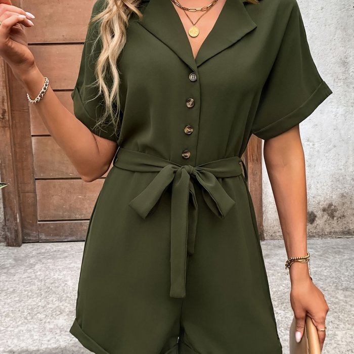 Solid Color V-Neck Jumpsuit, Button Belt Romper, Short Sleeve Casual Elegant Summer Outfit for Women