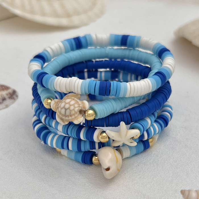 Boho Polymer Clay Chain Stackable Bracelets Set for Women Starfish Conch Flowers Turtle Pearls Elastic Bangles Aesthetic Jewery