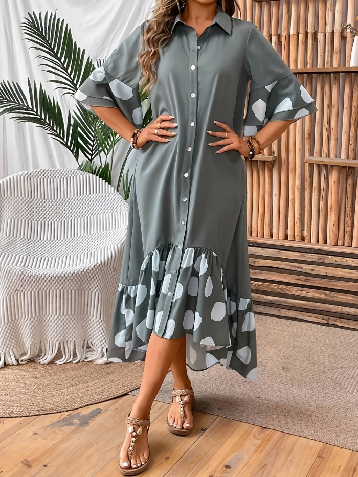 Women's Elegant Polka Dot Contrast Collar Tiered Sleeve A-Line Dress