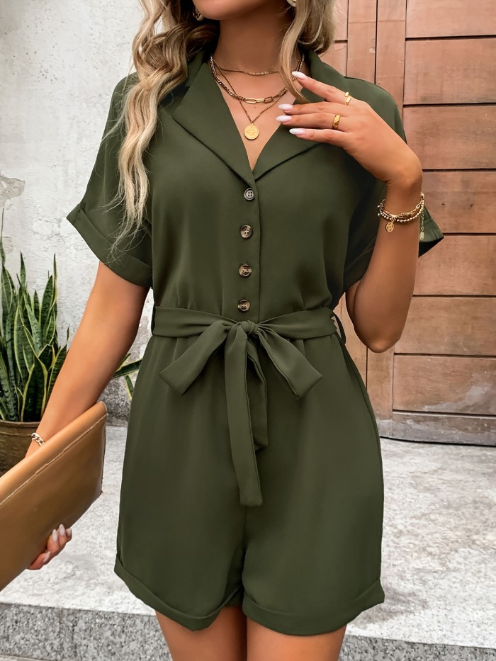 Solid Color V-Neck Jumpsuit, Button Belt Romper, Short Sleeve Casual Elegant Summer Outfit for Women