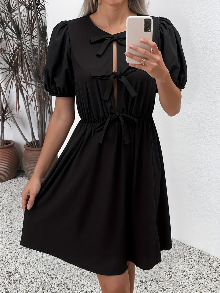 Women'S Summer Black A-Line Dress with Bow Detail - Short Sleeve, Round Neck, Casual & Breathable, Perfect for Beach, Picnic, Office, Casual Attire|Bow Detail Dress|Short Sleeve Dres