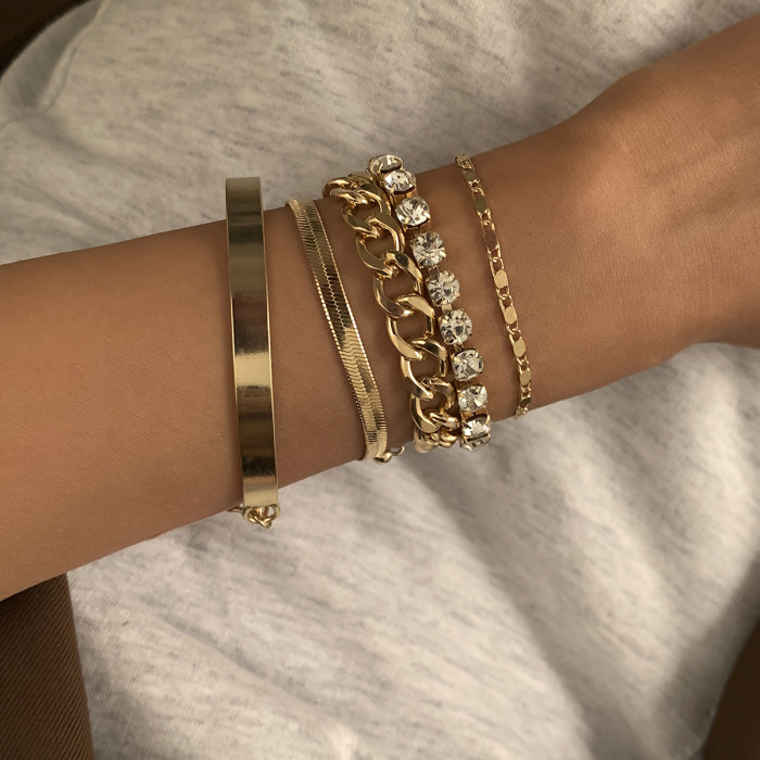 5Pcs/Set Hip Hop Heavy Metal Rhinestone Chain Bracelets Women Adjustable Crystal Multilayer Bangles Set Girls Hand Jewelry Gift