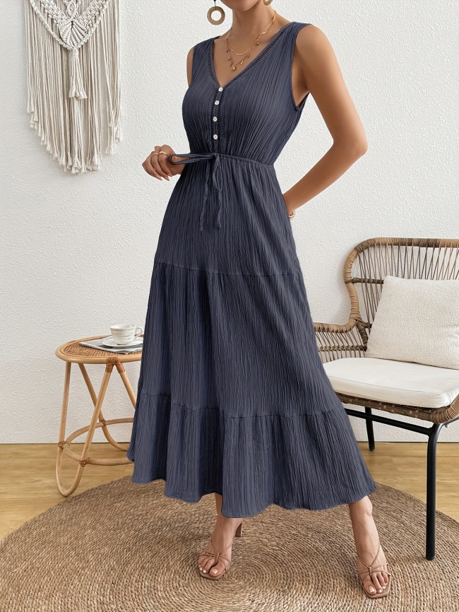 Women’s Solid Color V-Neck Sleeveless Maxi Dress