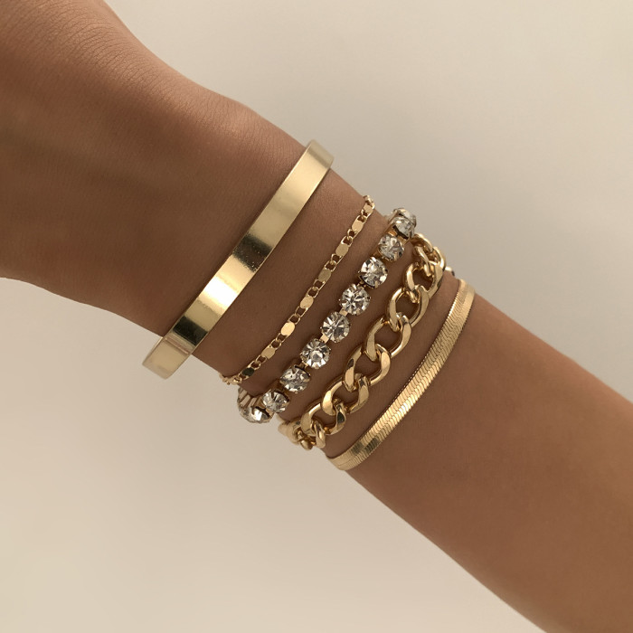 5Pcs/Set Hip Hop Heavy Metal Rhinestone Chain Bracelets Women Adjustable Crystal Multilayer Bangles Set Girls Hand Jewelry Gift