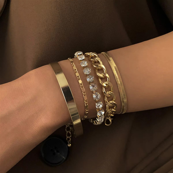 5Pcs/Set Hip Hop Heavy Metal Rhinestone Chain Bracelets Women Adjustable Crystal Multilayer Bangles Set Girls Hand Jewelry Gift