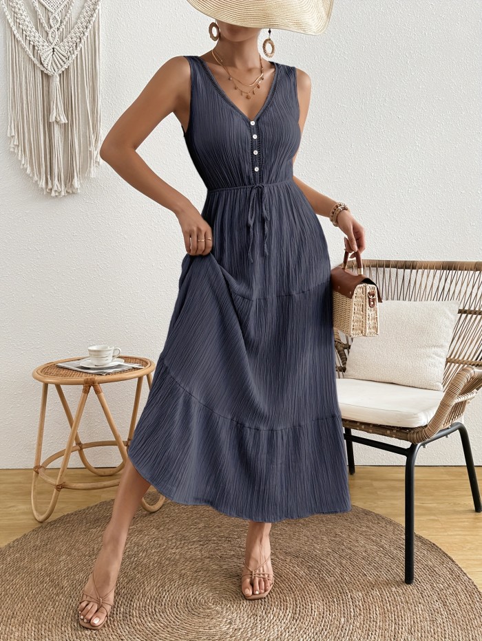 Women’s Solid Color V-Neck Sleeveless Maxi Dress