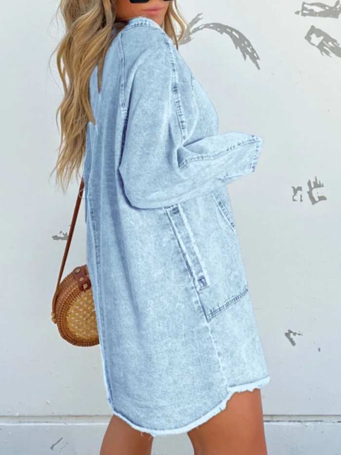 Full Size Button-Front Long Sleeve Denim Shirt Dress Plus Size