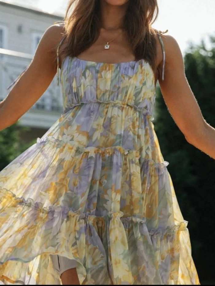 Printed Tie-Strap Tiered Mini Dress