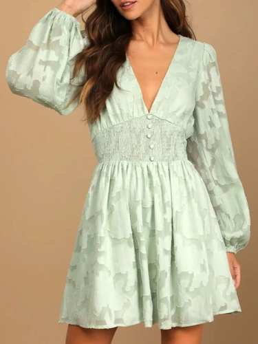 Smocked V-Neck Balloon Sleeve Dress