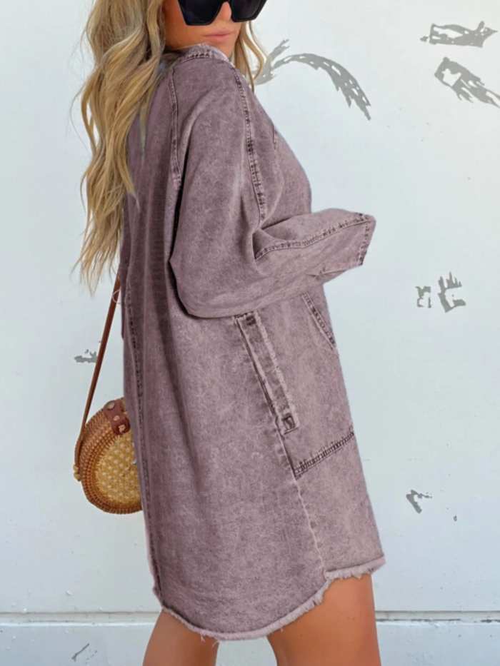 Full Size Button-Front Long Sleeve Denim Shirt Dress Plus Size