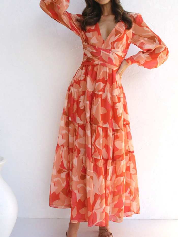 Floral Print Lantern Sleeve Maxi Dress