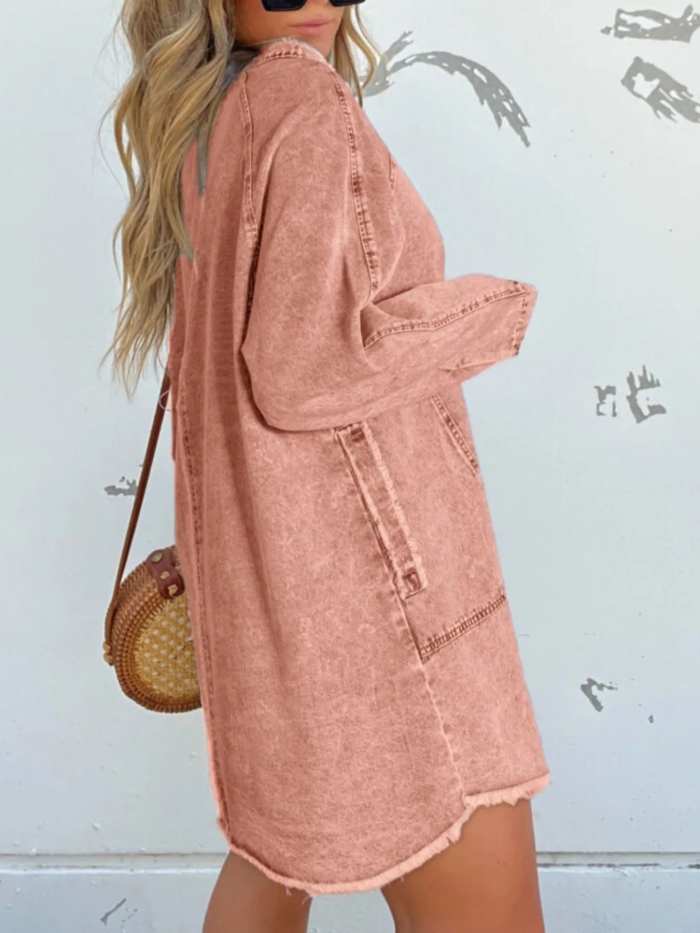 Full Size Button-Front Long Sleeve Denim Shirt Dress Plus Size