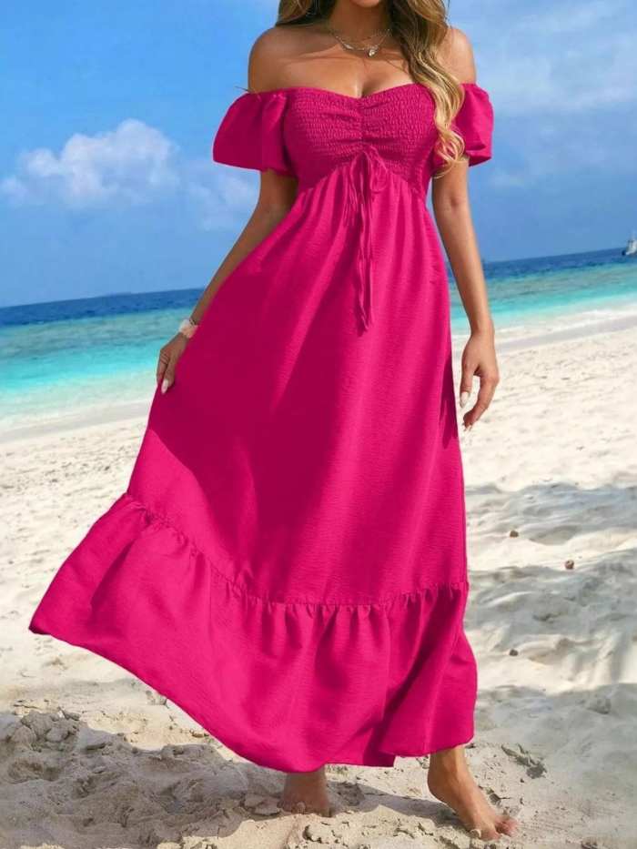 Off-Shoulder Smocked Maxi Dress with Ruffle Hem