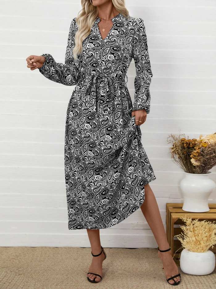 Paisley Print Long Sleeve Midi Dress