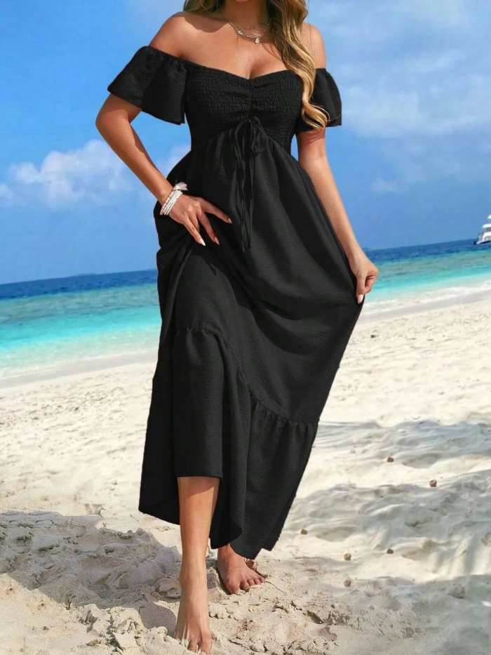 Off-Shoulder Smocked Maxi Dress with Ruffle Hem