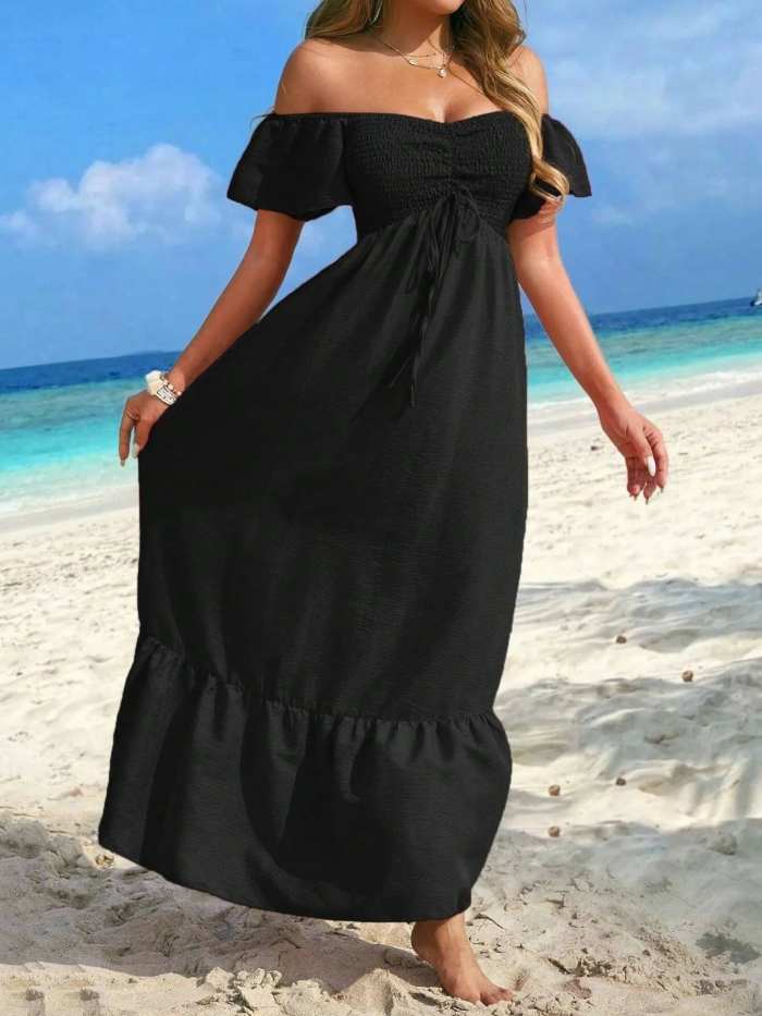 Off-Shoulder Smocked Maxi Dress with Ruffle Hem