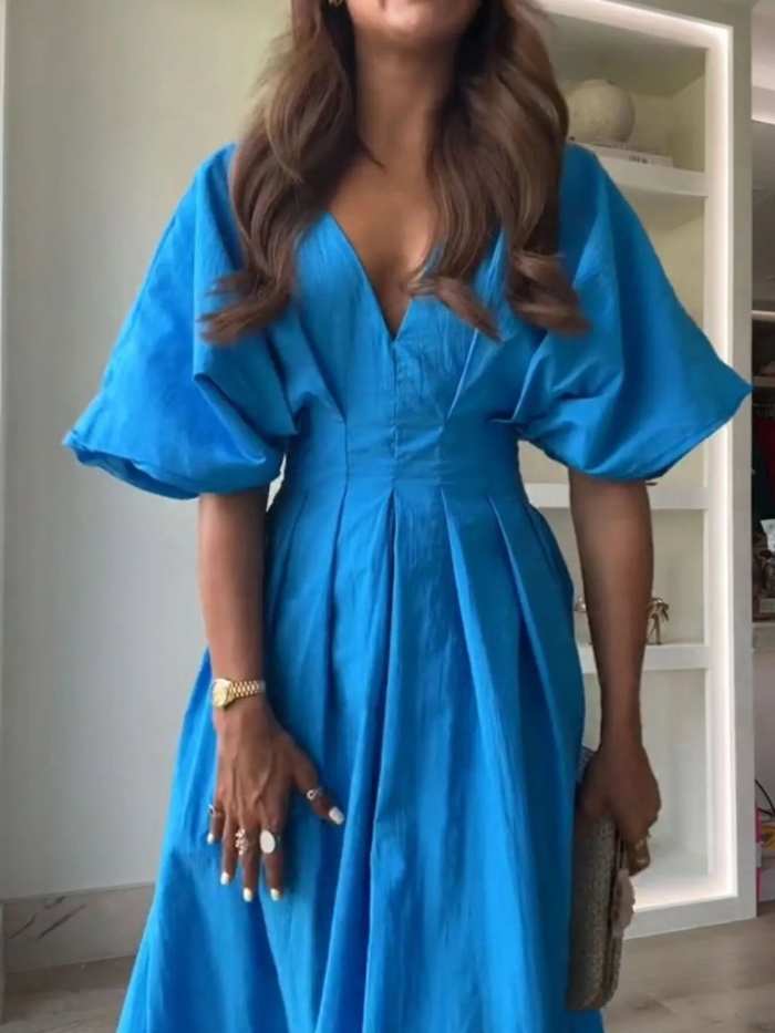 V-Neck Half Sleeve Midi Dress