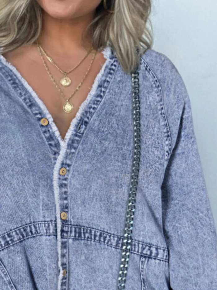 Full Size Button-Front Long Sleeve Denim Shirt Dress Plus Size