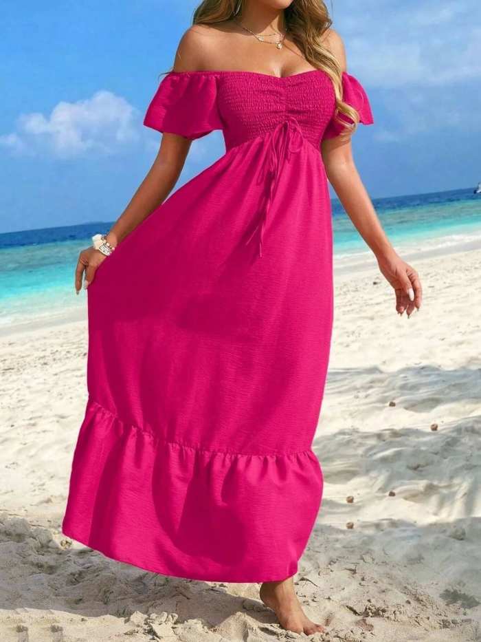 Off-Shoulder Smocked Maxi Dress with Ruffle Hem