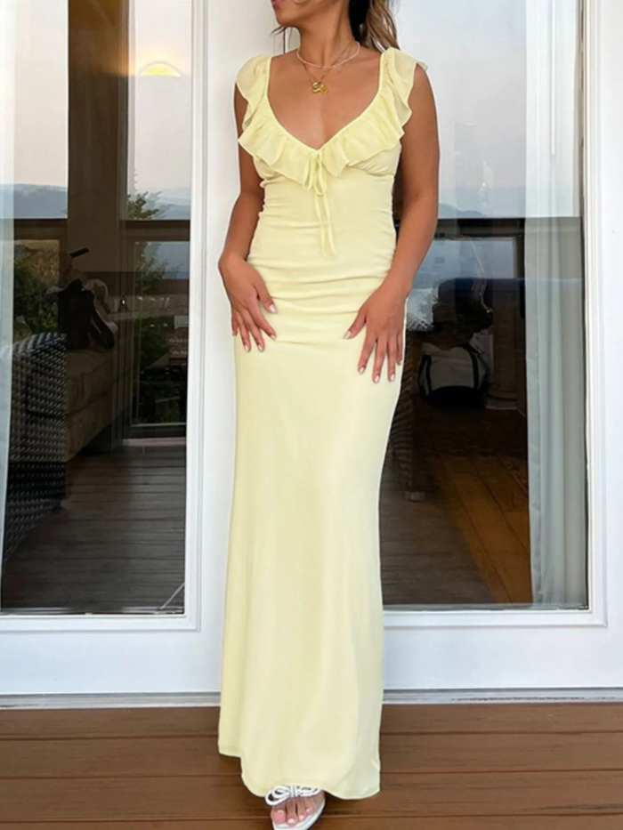 Ruffled V-Neck Sleeveless Maxi Dress