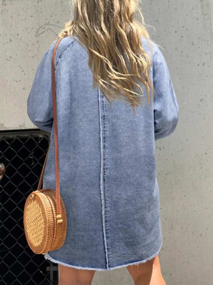 Full Size Button-Front Long Sleeve Denim Shirt Dress Plus Size
