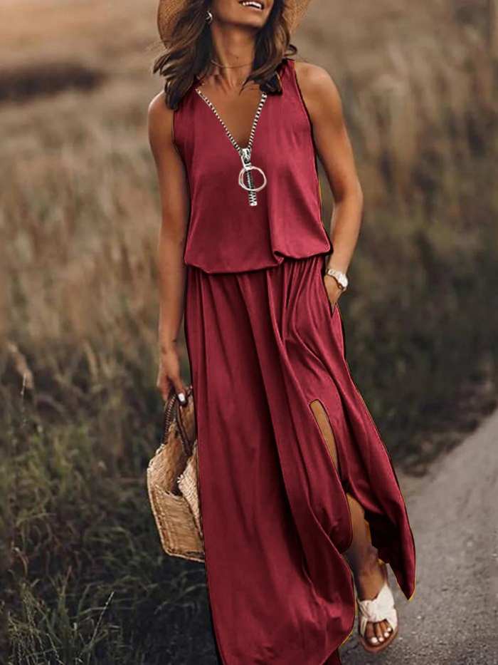 Full Size Half Zip Sleeveless Maxi Dress with Side Slit Plus Size