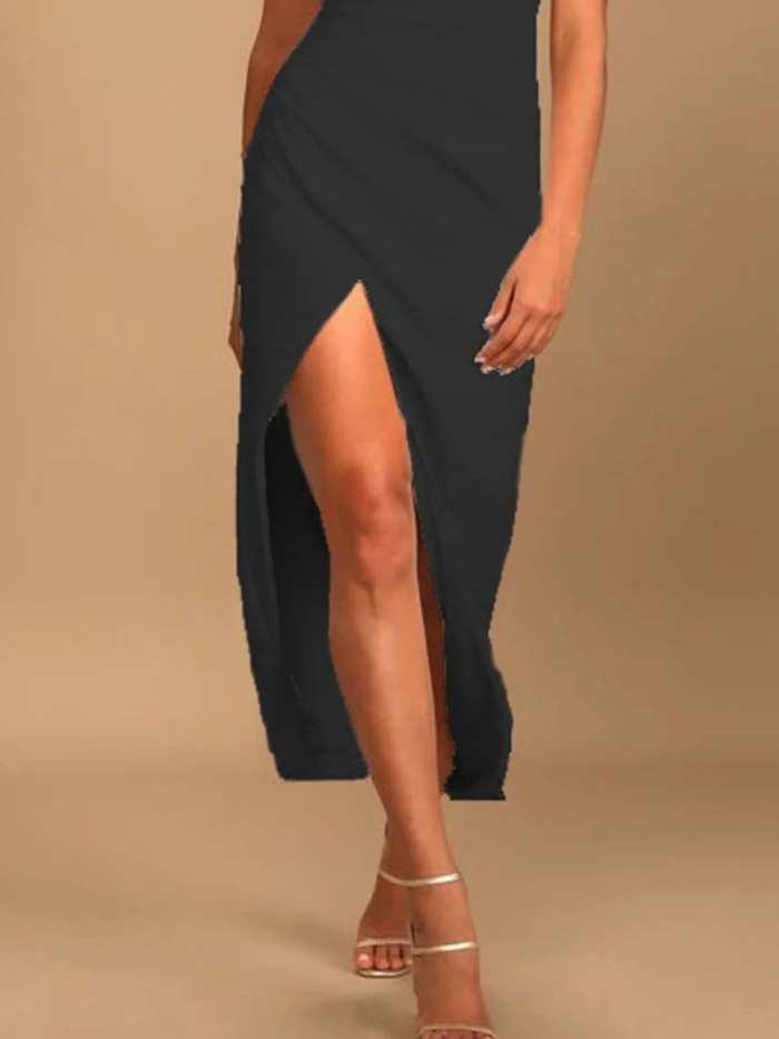 Split Asymmetrical Neck Midi Dress