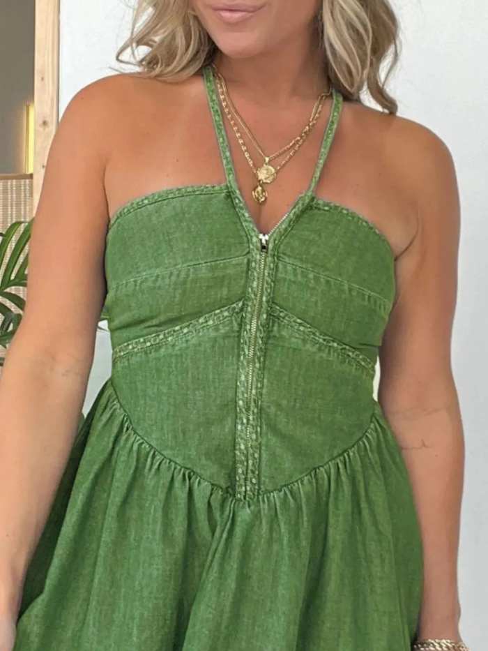 Full Size Lace Up Halter Neck Denim Dress Plus Size