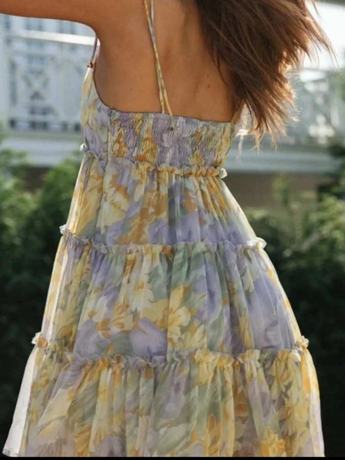 Printed Tie-Strap Tiered Mini Dress