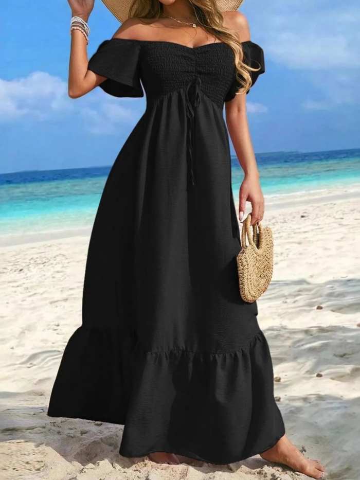 Off-Shoulder Smocked Maxi Dress with Ruffle Hem