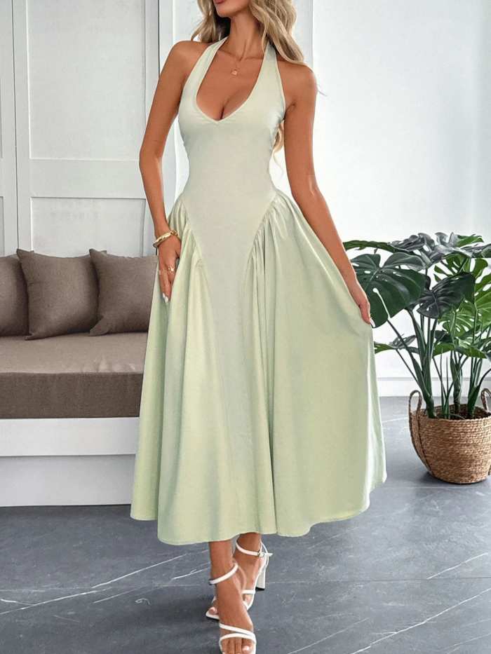Halter Neck Ruched Midi Dress