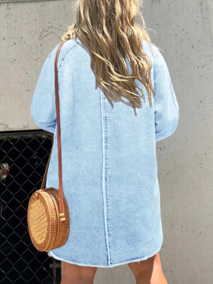 Full Size Button-Front Long Sleeve Denim Shirt Dress Plus Size