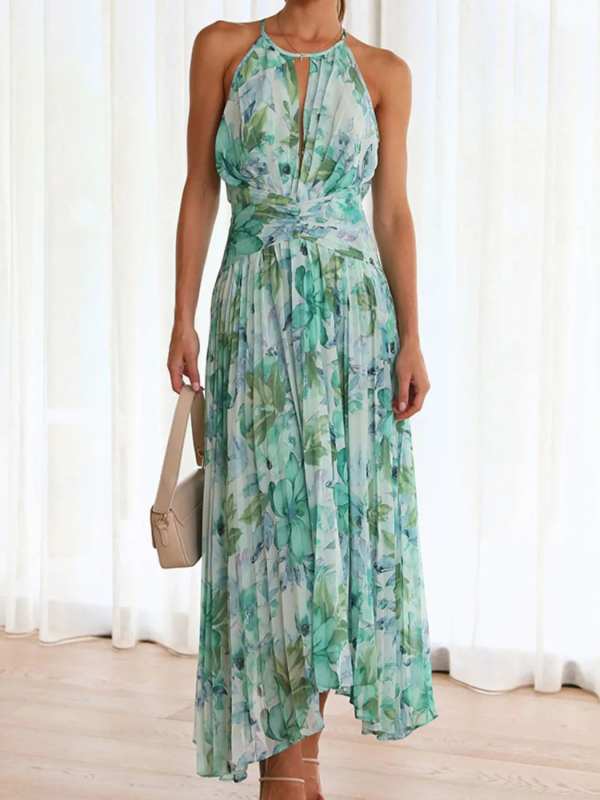 Printed Sleeveless Pleated Dress