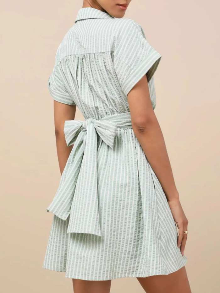 Striped Cutout Front Short Sleeve Shirt Dress