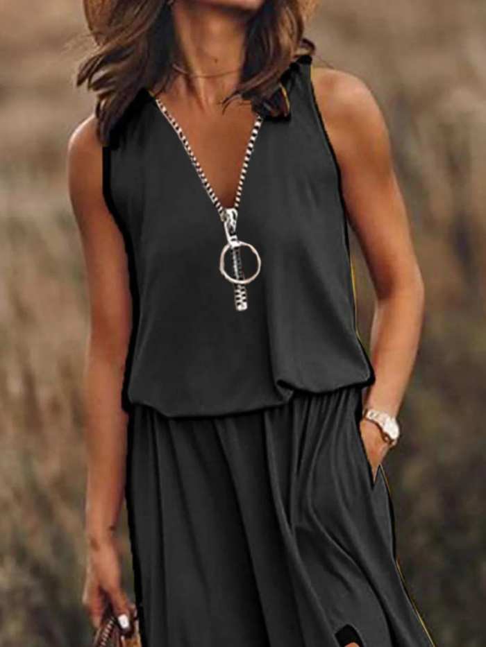 Full Size Half Zip Sleeveless Maxi Dress with Side Slit Plus Size