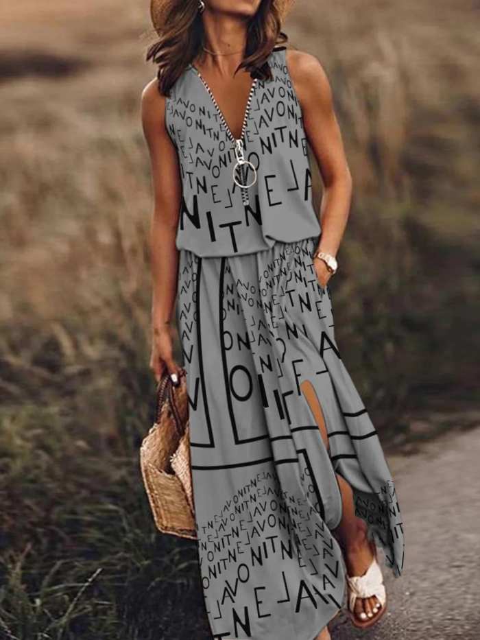 Full Size Half Zip Sleeveless Maxi Dress with Side Slit Plus Size