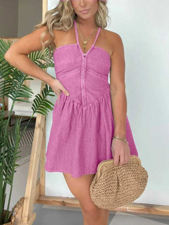 Full Size Lace Up Halter Neck Denim Dress Plus Size