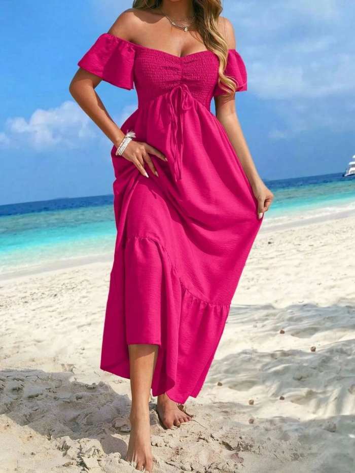 Off-Shoulder Smocked Maxi Dress with Ruffle Hem