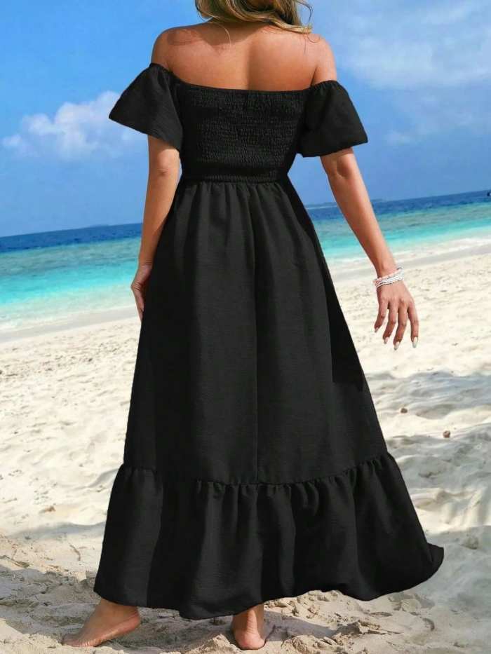 Off-Shoulder Smocked Maxi Dress with Ruffle Hem