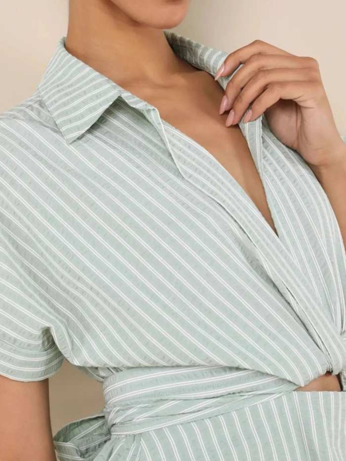 Striped Cutout Front Short Sleeve Shirt Dress