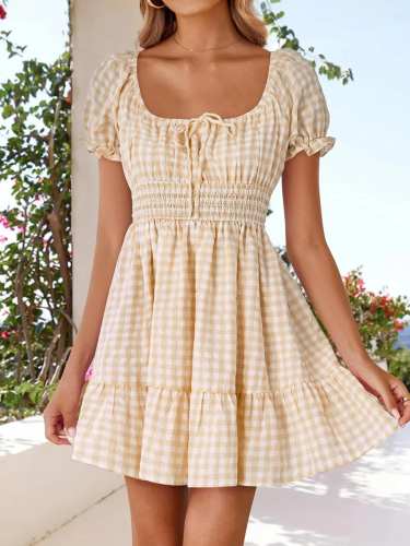 Gingham Smocked Puff Sleeve Summer Dress