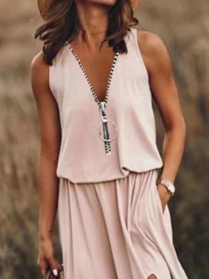 Full Size Half Zip Sleeveless Maxi Dress with Side Slit Plus Size