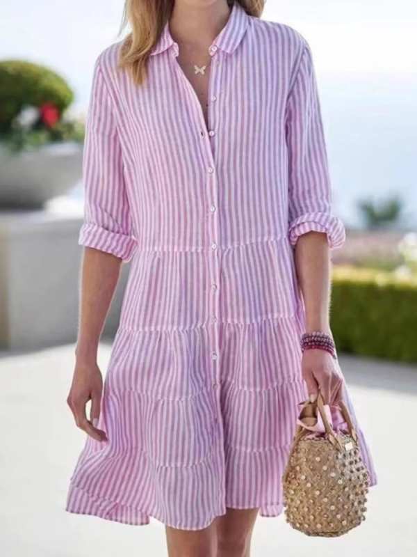 Full Size Striped Button-Down Shirt Dress with Tiered Ruffle Hem Plus Size
