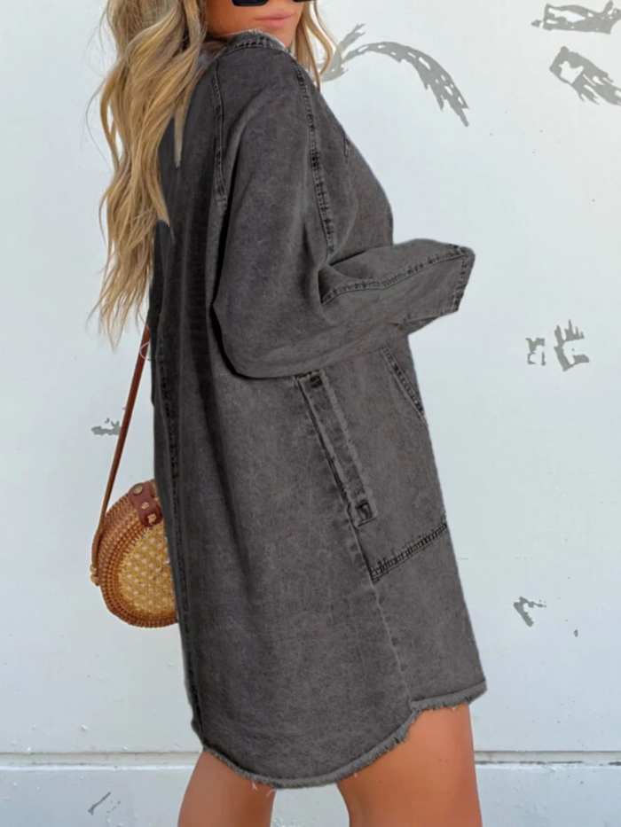 Full Size Button-Front Long Sleeve Denim Shirt Dress Plus Size