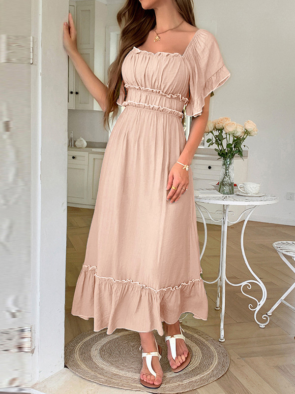Pleated Ruffle Trim Split-Joint Zipper A-Line High Waisted Square-Neck Midi Dresses