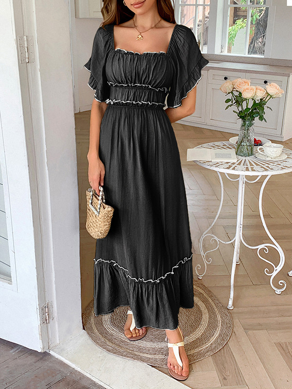 Pleated Ruffle Trim Split-Joint Zipper A-Line High Waisted Square-Neck Midi Dresses