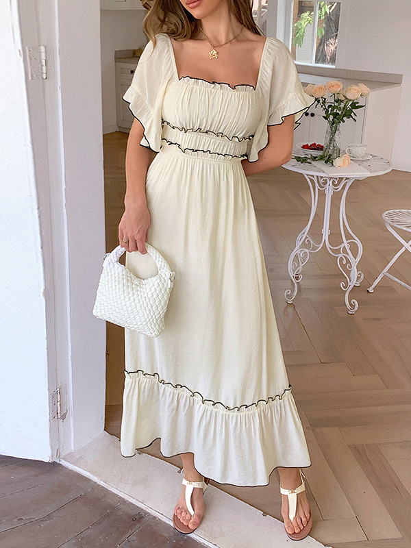 Pleated Ruffle Trim Split-Joint Zipper A-Line High Waisted Square-Neck Midi Dresses