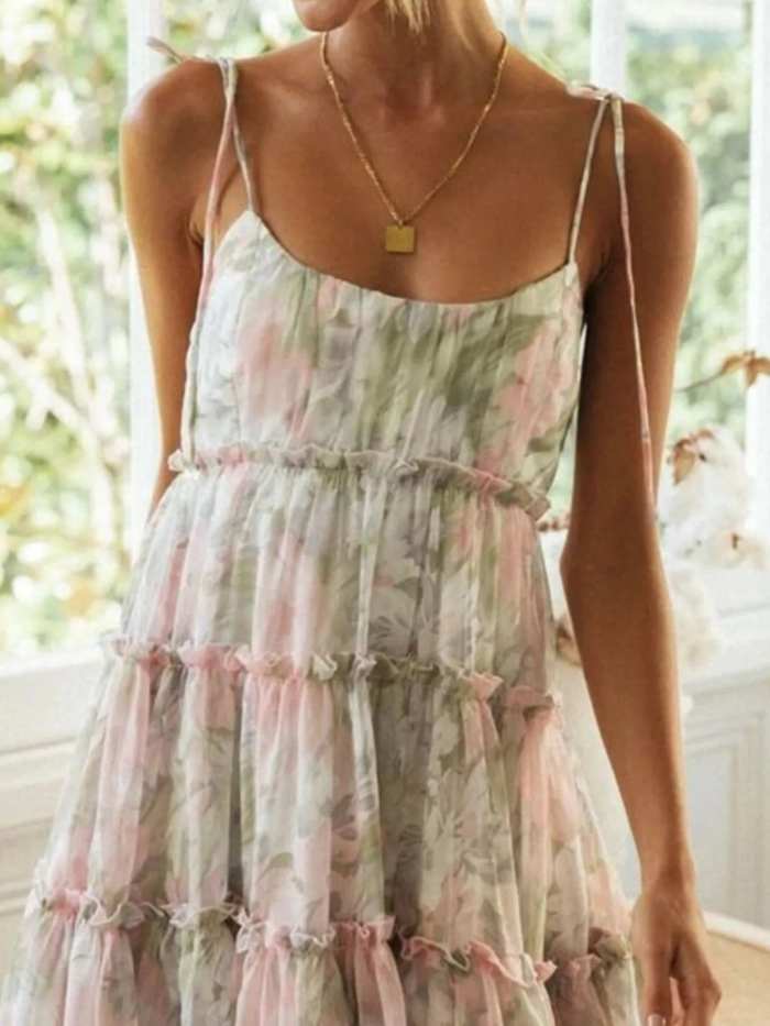 Printed Tie-Strap Tiered Mini Dress